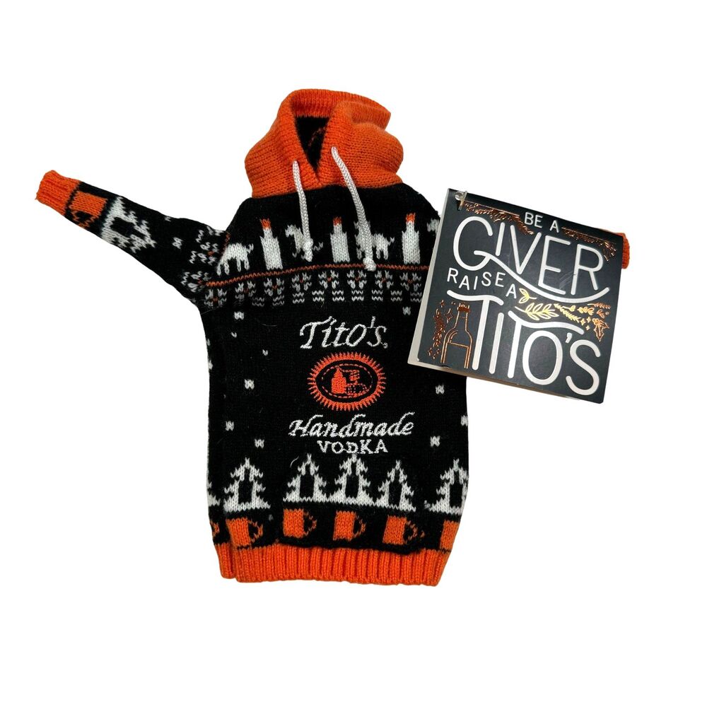 Tito’s Handmade Vodka Mini Ugly Sweater Black Orange Bottle Koozie Turtle Neck